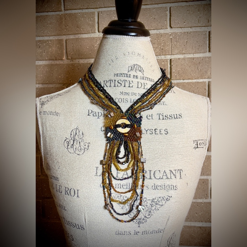 Handmade Multi Strand Beaded Statement Necklace in Beautiful Browns and Golds